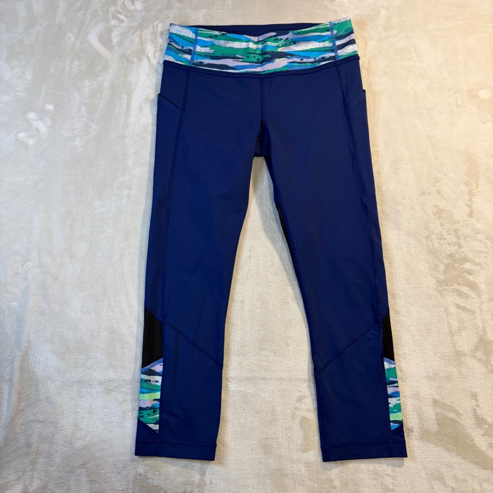 Lululemon Pace Rival Crop Navy Blue Teal Print Mesh Leggings with Pockets Size 6